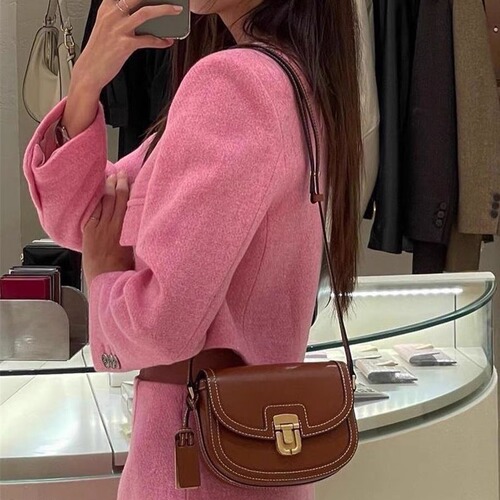 New Korean niche design leather stitching canvas contrasting retro versatile saddle bag small square bag single shoulder crossbody bag