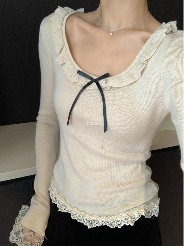Hers一勺甜秋季法式复古蕾丝拼接蝴蝶结百搭U领长袖针织衫女92421|undefined