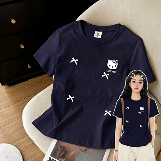 韩系白色纯棉短袖t恤女2026夏季新款修身显瘦蝴蝶结印花别致上衣