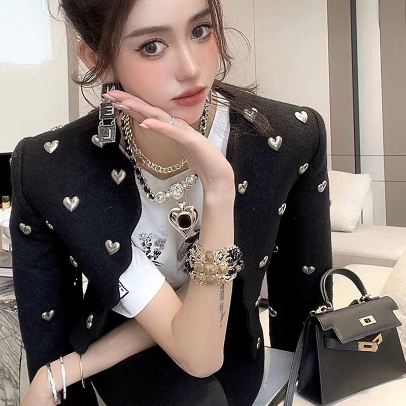 跨境外套黑色爱心毛呢粗花呢短外套女秋季小香风洋气设计感小西服