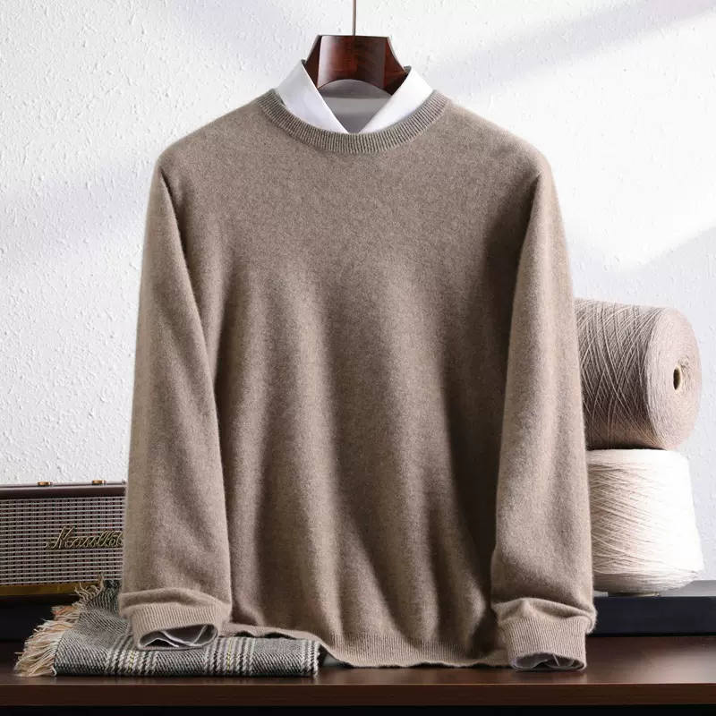 秋冬新款 100% 纯山羊绒衫男士圆领长袖套头商务休闲针织羊绒衫男