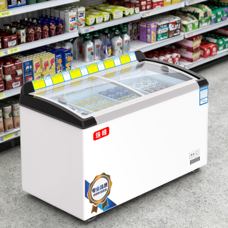 Supermarket Large-Capacity Ice Cream Cabinet with Arc-Shaped Glass Door, Ice Cream Freezer, Convenience Store Low-Energy Display Cabinet, Energy-Saving