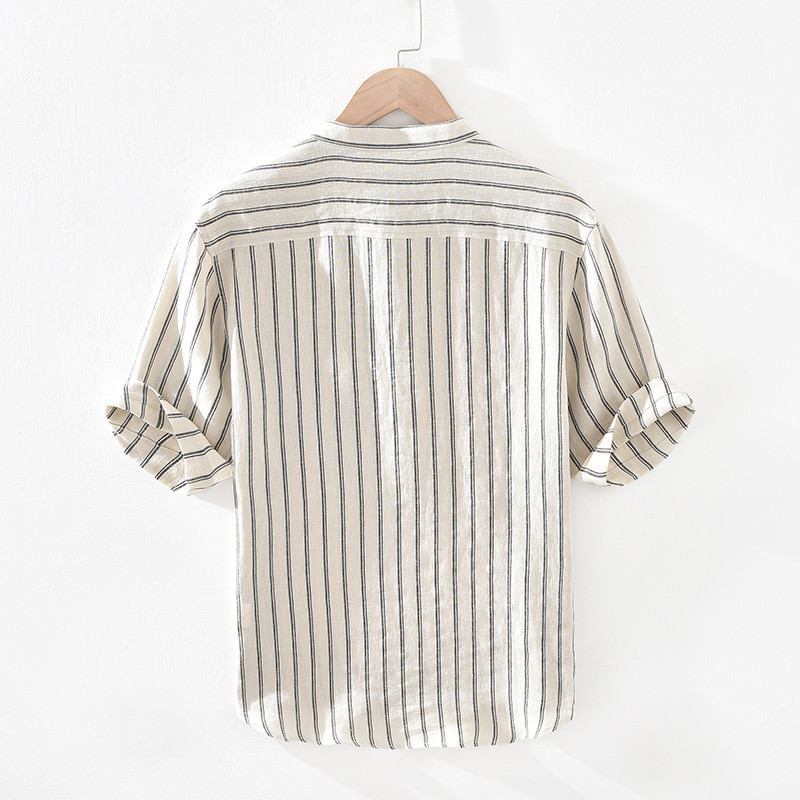 Camisa de manga corta japonesa a rayas de los hombres de moda de verano flojo Delgado collar de pie camisa camiseta de moda pulgadas ropa de los hombres