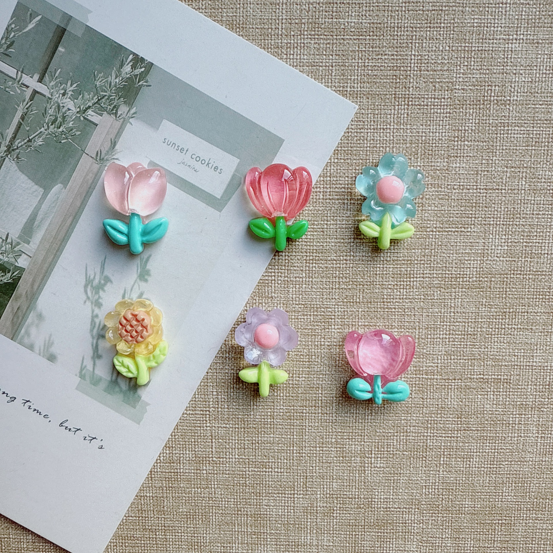 New Transparent Flowers Tulips Sunflower Leaves Cream Glue Refrigerator Stickers Hair Accessories Hairpin Material Resin Accessories