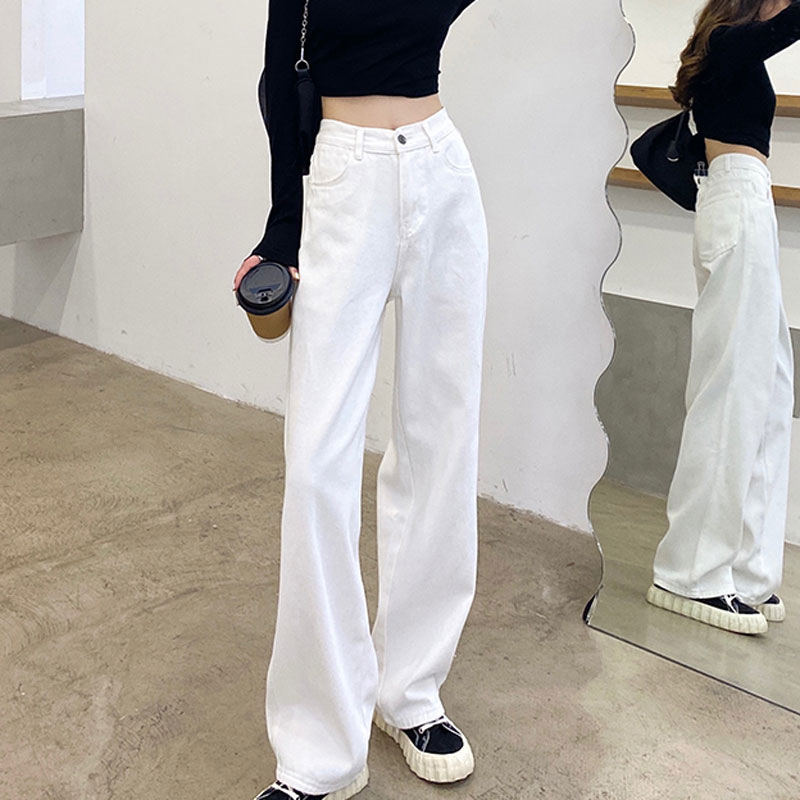 높은 허리 넓은 다리 스트레이트 바지 청바지 여성의 2025 새로운 봄과 가을 느슨한 슬리밍 데님 바지