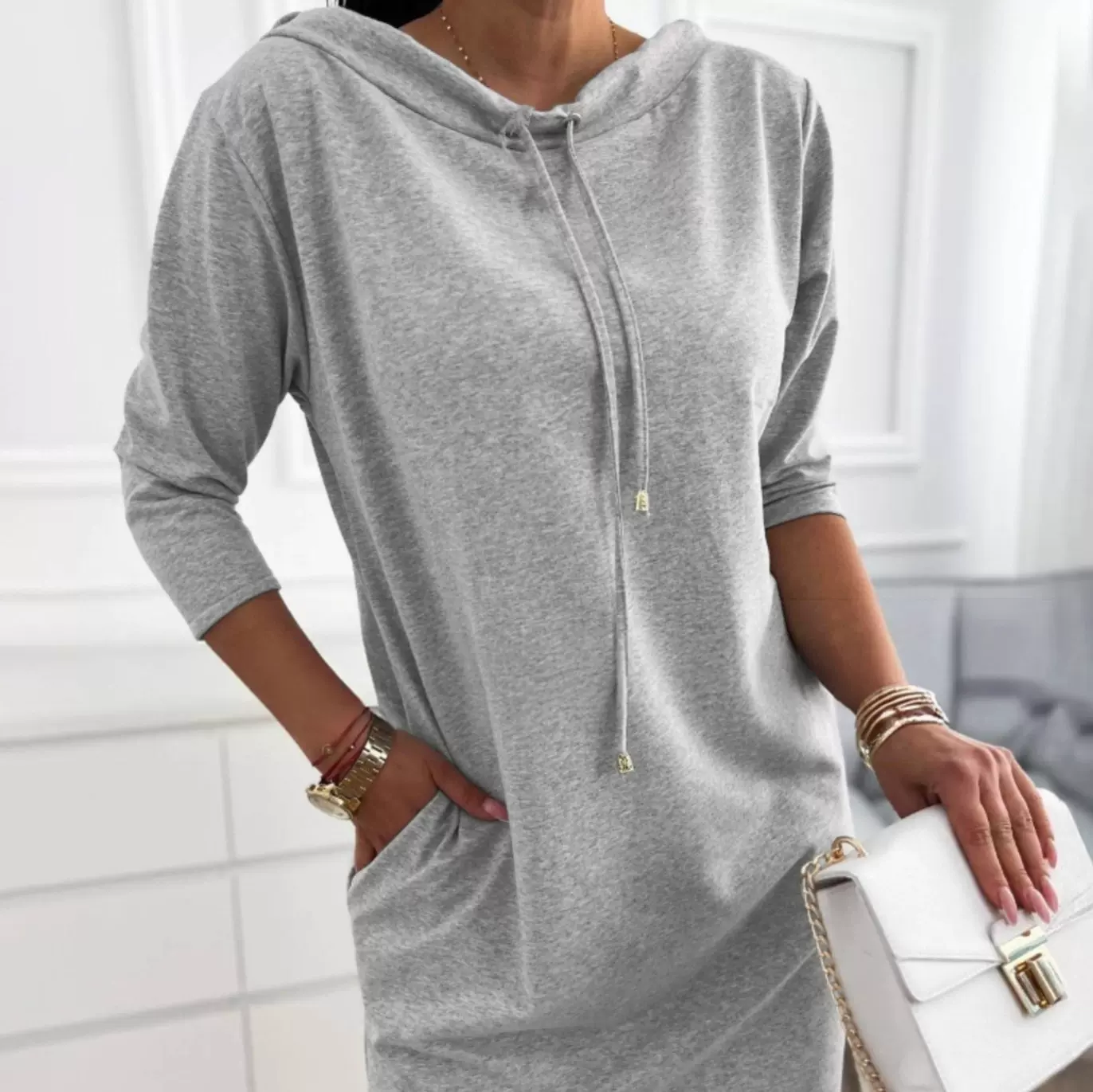 欧美跨境新款亚马逊女装时尚休闲立领抽绳七分袖卫衣裙连帽连衣裙