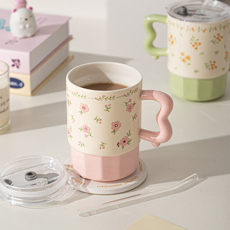 Taza de cerámica con pajita, taza de café para el hogar, taza de té, taza con tapa, gran capacidad, regalo para el Día de San Valentín