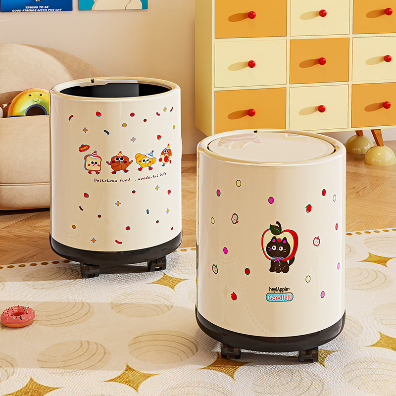 Cartoon Trash Can with Wheels, Swing Lid, Sealed, Odor-Proof Storage Bin for Home, Bedroom, Children's Room, Cute Double Bin Waste Basket