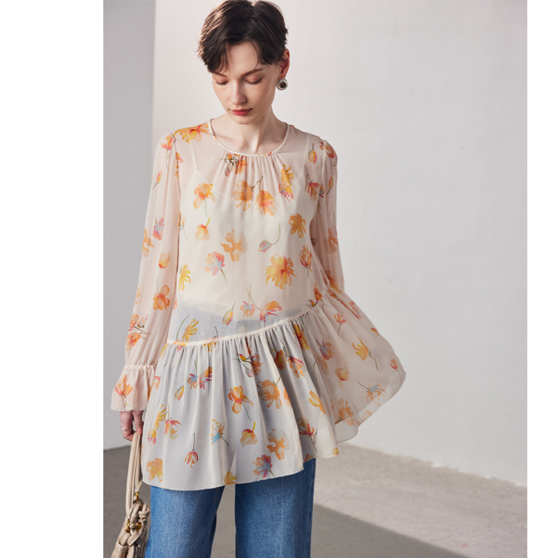 Silk Shirt for Women 2026 Spring/Summer New Two-Piece Set Doll Shirt Printed Slightly Sheer Georgette 100% Mulberry Silk Top