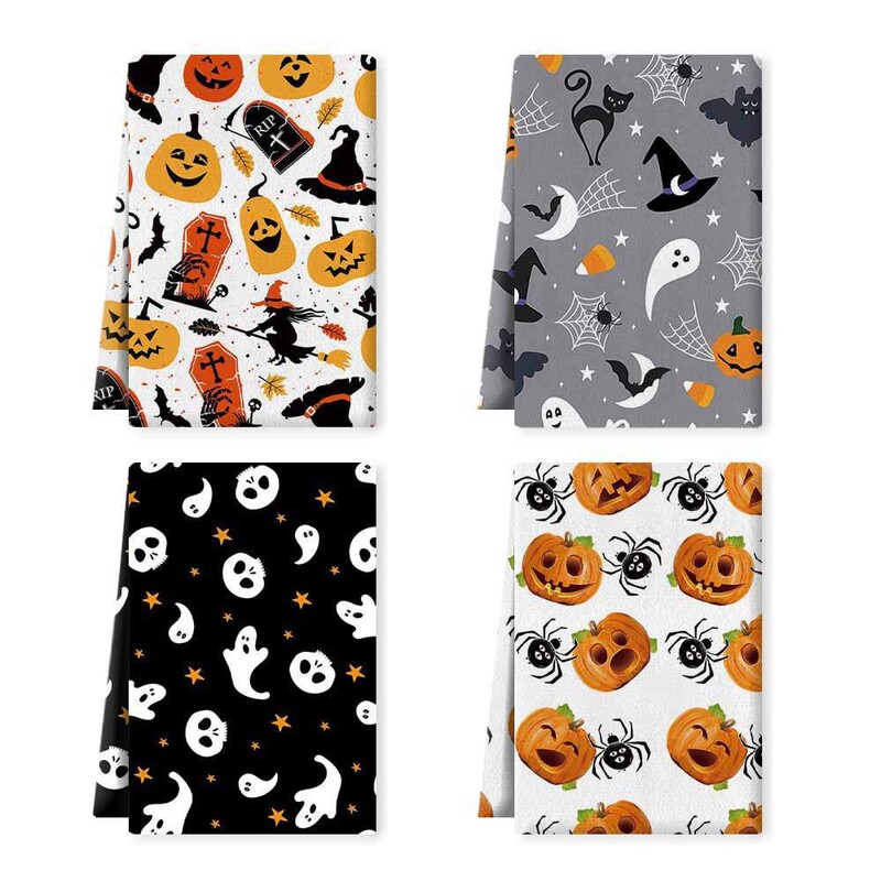 Halloween Autumn Dish Towel Seamless Pumpkin Skull Spider Microfiber Seasonal Towel Dishcloth
