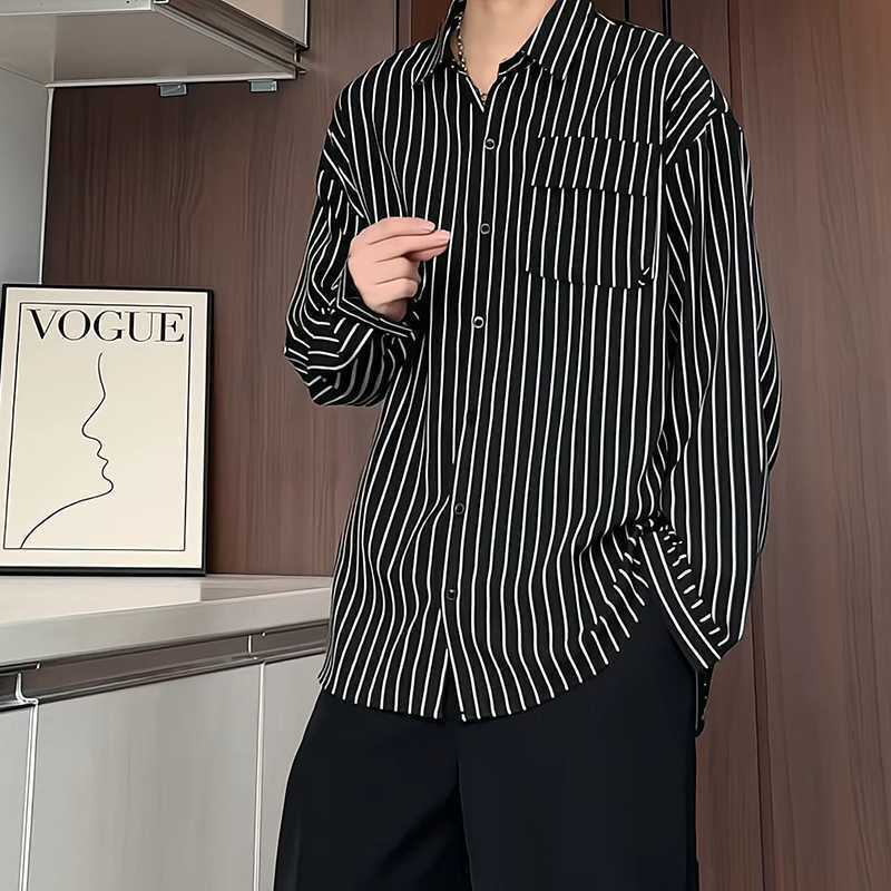 Men's Autumn American Fashion Black and White Vertical Striped Shirt, Cool and Stylish Design, Casual Drape Shirt Men's Autumn American Fashion Black and White Vertical Striped Shirt, Cool and Stylish Design, Casual Drape Shirt