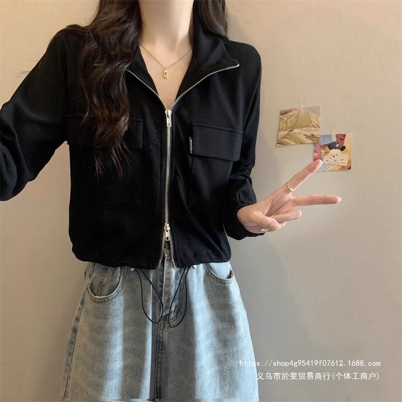 Women's Zipper Drawstring Long-Sleeve Workwear Jacket, 2026 Autumn, Unique Design, Niche Hong Kong Style, Short and Chic Cardigan