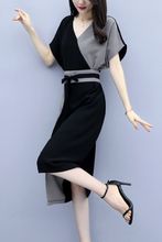 黑色拼接领雪纺连衣裙女典雅气质名媛收腰高腰显瘦侧开叉裙子夏