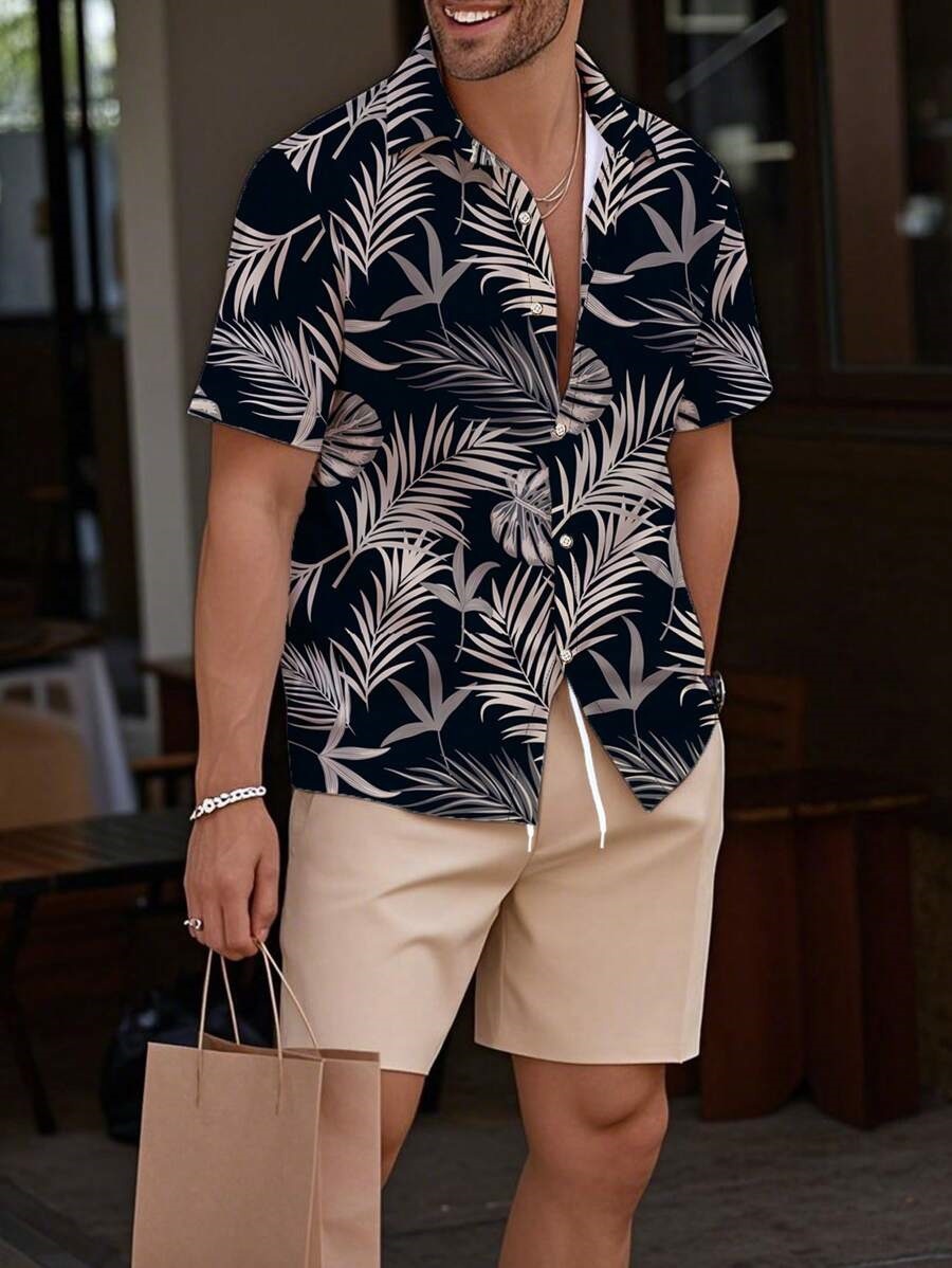 Men's Summer Beach Shorts Set With 3D Digital Print Black White Contrast Vacation Style Casual Short Sleeve_viptrois.com