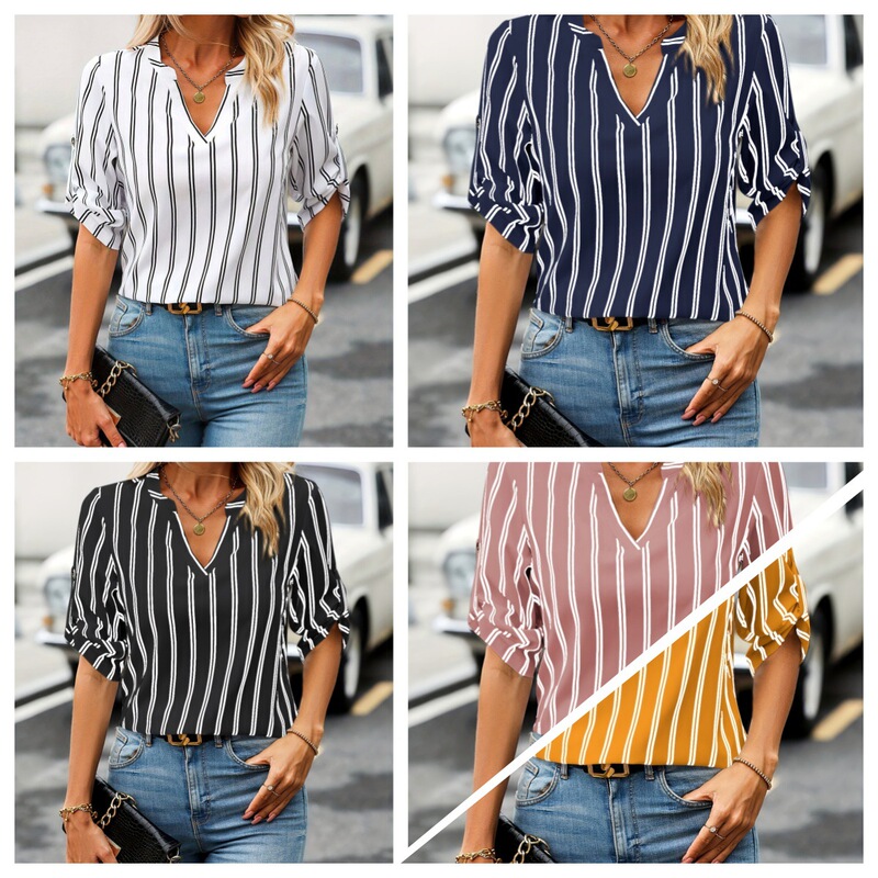 [Hot sale] 2023 European and American cross-border Spring and Autumn women's striped shirt personalized striped shirt versatile shirt
