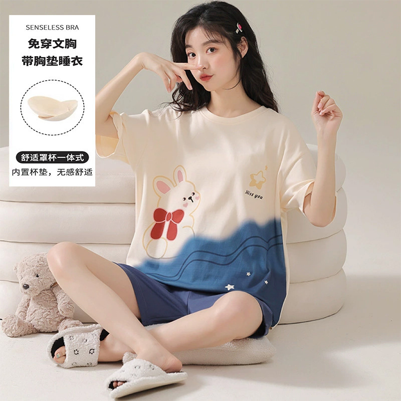 Pajamas Women's Summer Short-sleeved Sweet with Chest Pad Korean Style Cartoon Student Casual Home Clothes Loose Women's plus size suit Pajamas Women's Summer Short-sleeved Sweet with Chest Pad Korean Style Cartoon Student Casual Home Clothes Loose Women's plus size suit