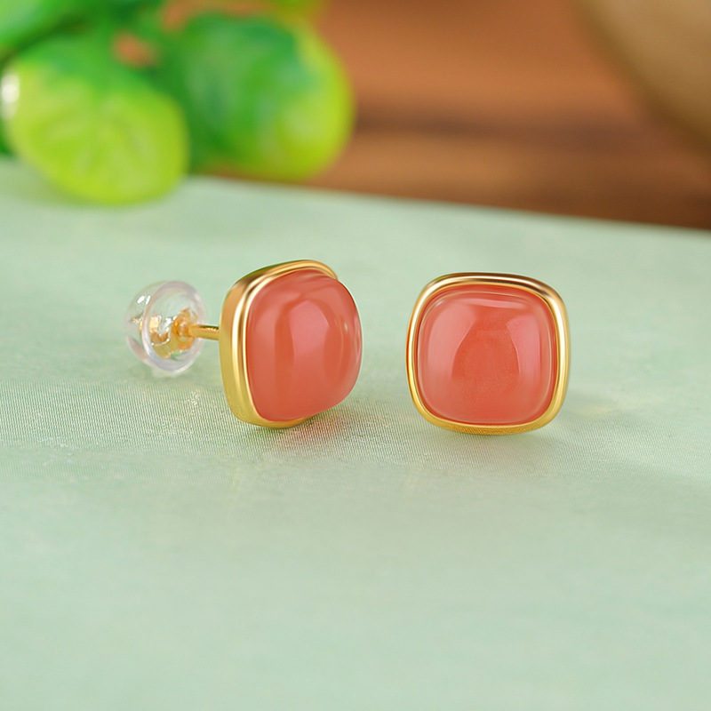 Bông tai bạc S925 mạ vàng hồng hình vuông đính đá kim cương phong cách retro — Kiểu cỡ nhỏ