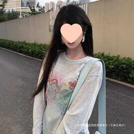 彩色手绘蝴蝶结刺绣长袖t恤女夏季薄款网纱宽松百搭防晒罩衫上衣