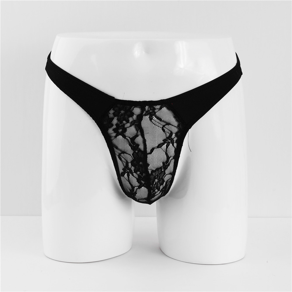 Trendy Personality Lace Thong U-Convex Low Waist Men's T-Pants Transparent Sexy Underwear For Men_voghion.com