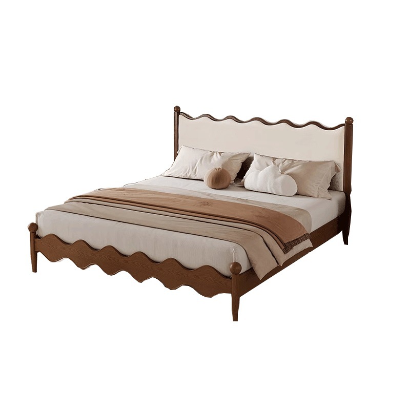 Danvas crema francesa cama retro estilo antiguo cama grande estilo pequeño doble cama de madera de cera nórdica cama de madera maciza