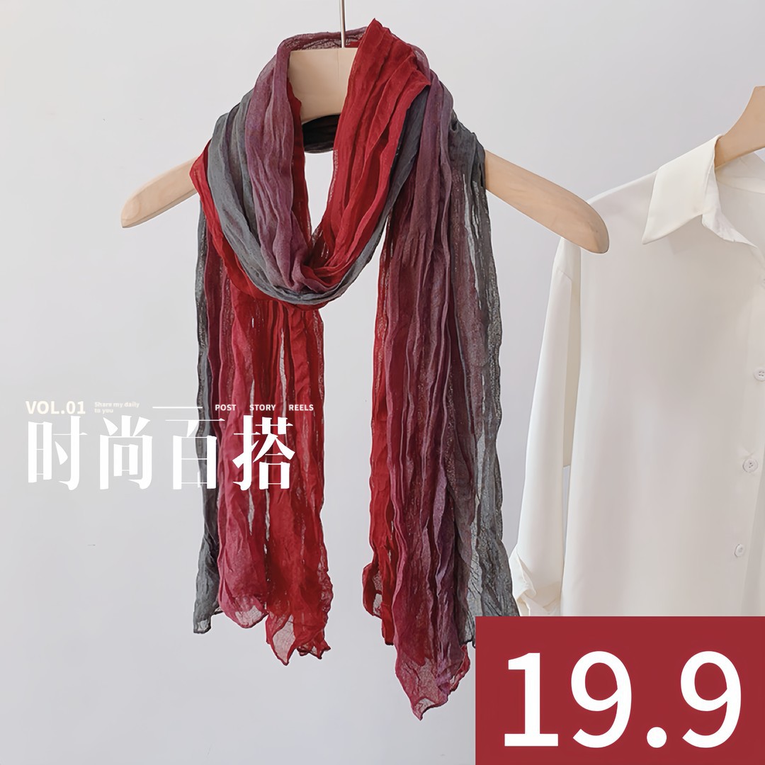 New vintage cotton-linen scarf for women, autumn and winter, with gradient tie-dye and pleated design, elegant and versatile, suitable as a scarf or shawl