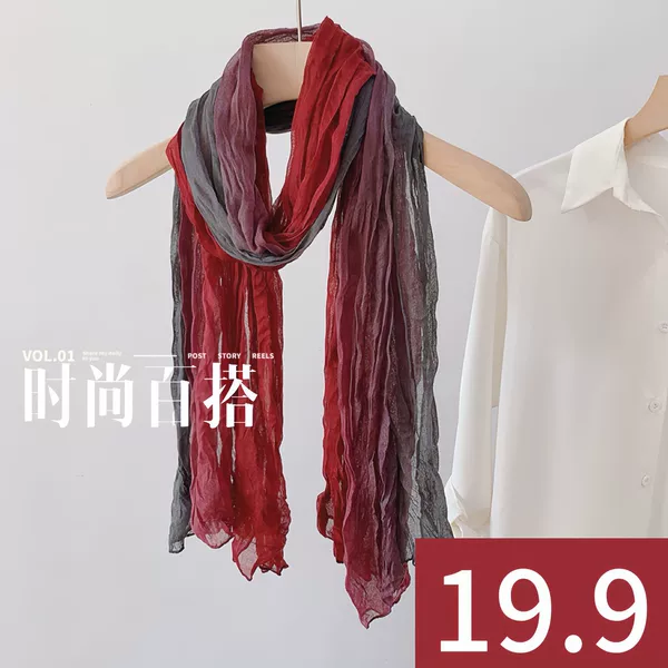 New vintage cotton-linen scarf for women, autumn and winter, with gradient tie-dye and pleated design, elegant and versatile, suitable as a scarf or shawl