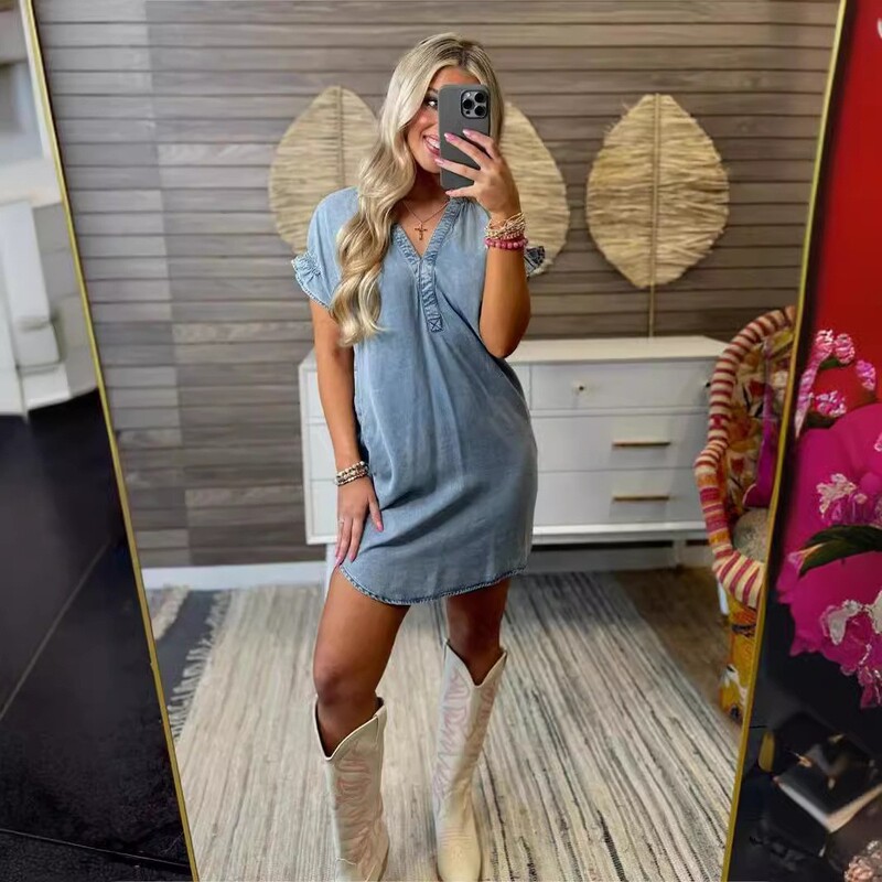 Foreign Trade Fashion New 2024 Cross-Border New European and American V Neck Short-Sleeved Slim Denim Dress