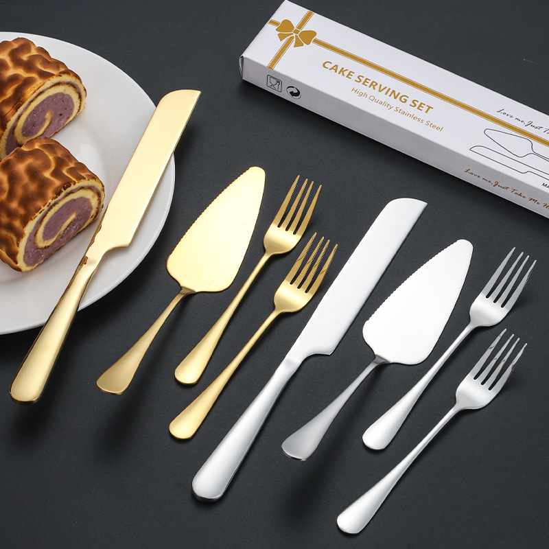 Juego de vajilla de pala de pastel de acero inoxidable transfronterizo, herramienta de horneado para el hogar, tenedor pequeño, cuchillo de pizza de queso, caja de regalo