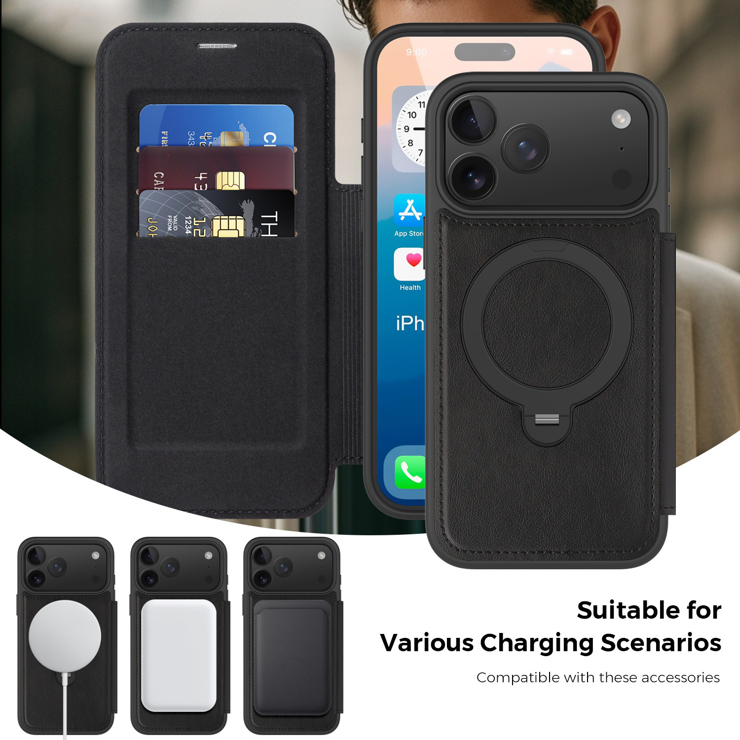 Ốp lưng da lật iPhone 16 Pro Max xoay 360 độ tích hợp giá đỡ từ tính — màu đen, màu xanh hoàng gia, Màu nâu, xám chi tiết 26