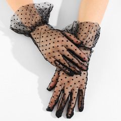 Lace Black Polka Dot Short-Sleeve Fringed Gloves for Women, Breathable and Sun-Protection for Riding, Wedding Bride Polka Dot Gloves