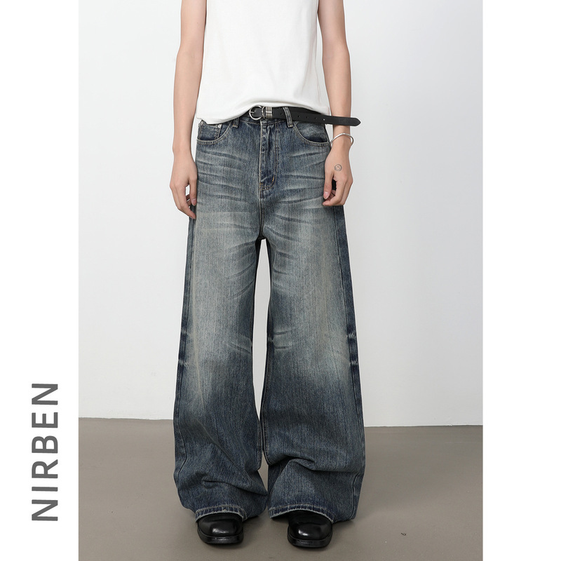 Nirben Denim | American Retro Three-Dimensional Whiskered A-Line Jeans for Men, Trendy Brand Loose Straight Wide-Leg Pants.