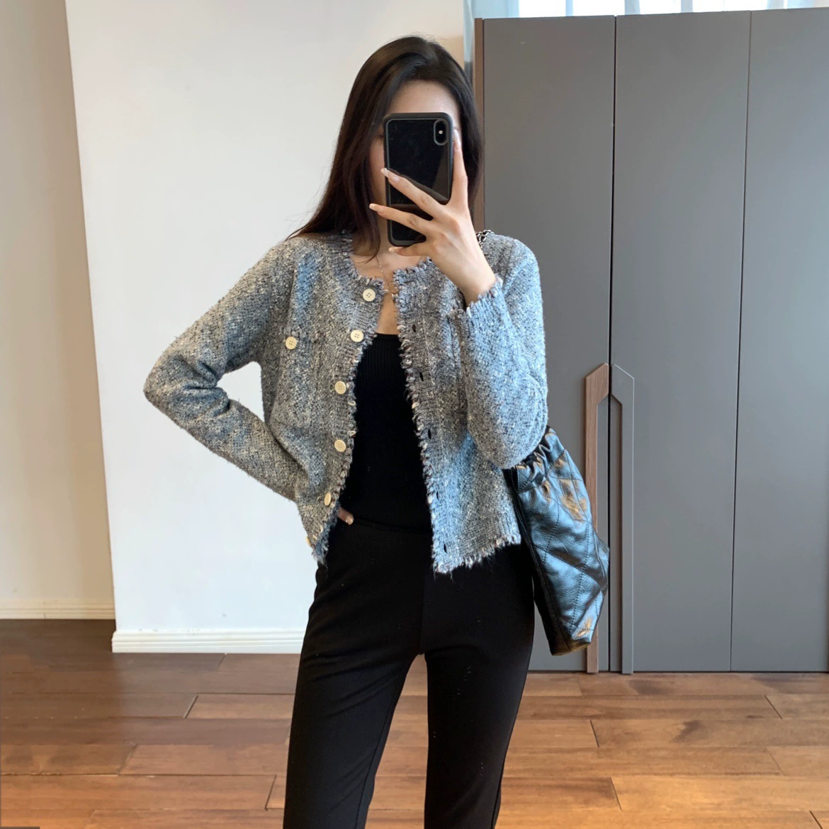 Ранней осени новый трикотажный кардиган из твидовой смеси хлопка в стиле Chanel, универсальный вязаный кардиган с круглым вырезом и длинными рукавами, короткое пальто