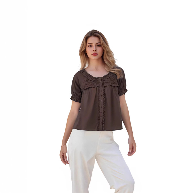 Amazon Aliexpress Pleated Lace Cardigan Cotton Ruffle Short-Sleeved Foreign Trade Women's Shirt Loose Fit