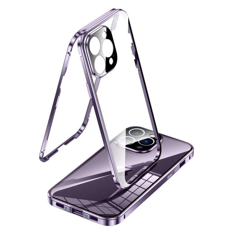 iPhone17用ケース、マグネット式、Apple 16対応、ダブルバックル、両面ガラス保護フィルム、メタル磁気吸着ケース|undefined