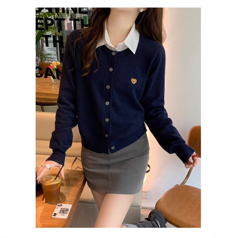 甜美清新风小熊刺绣针织毛衣外套女早秋新款百搭宽松圆领长袖开衫|undefined