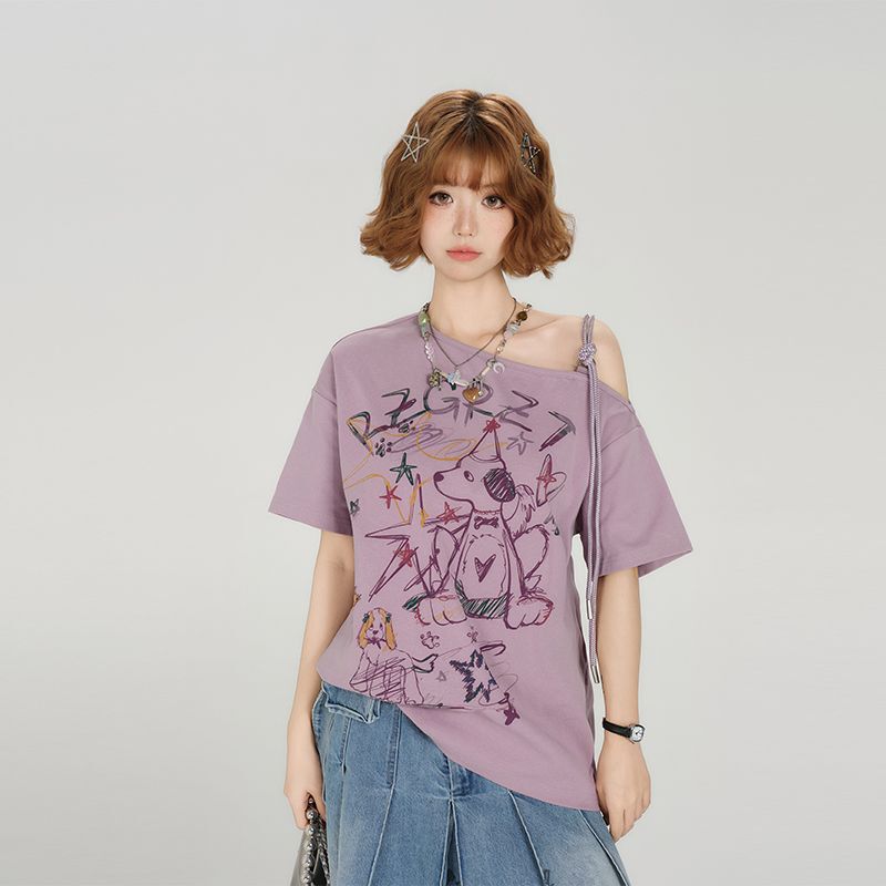 Summer American Retro Shoulder Short-sleeved T-shirt Women's Summer Graffiti Printed Strap Design All-match Loose Top