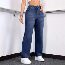 跨境欧美亚马逊抽绳松紧腰带中腰休闲风格牛仔裤女弹力面料直筒裤