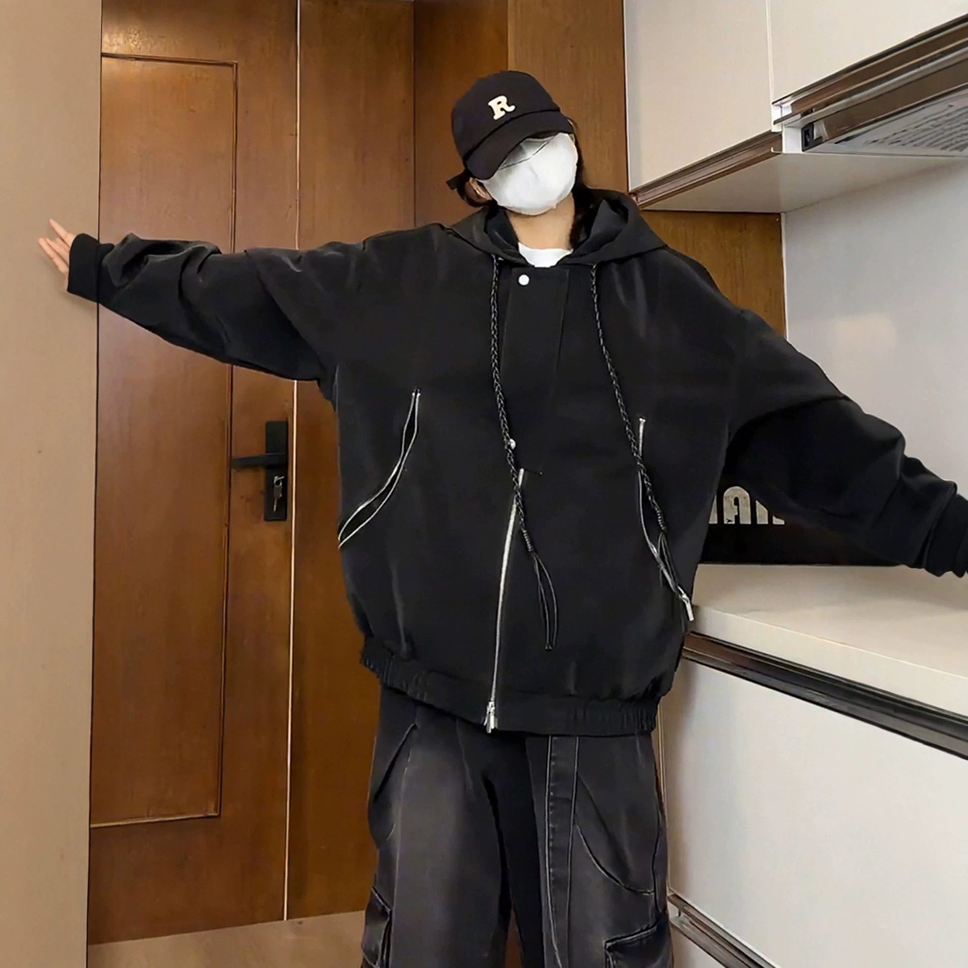黑色雾霾连帽皮衣外套男秋季潮牌cleanfit痞帅夹克小众机车棒球服