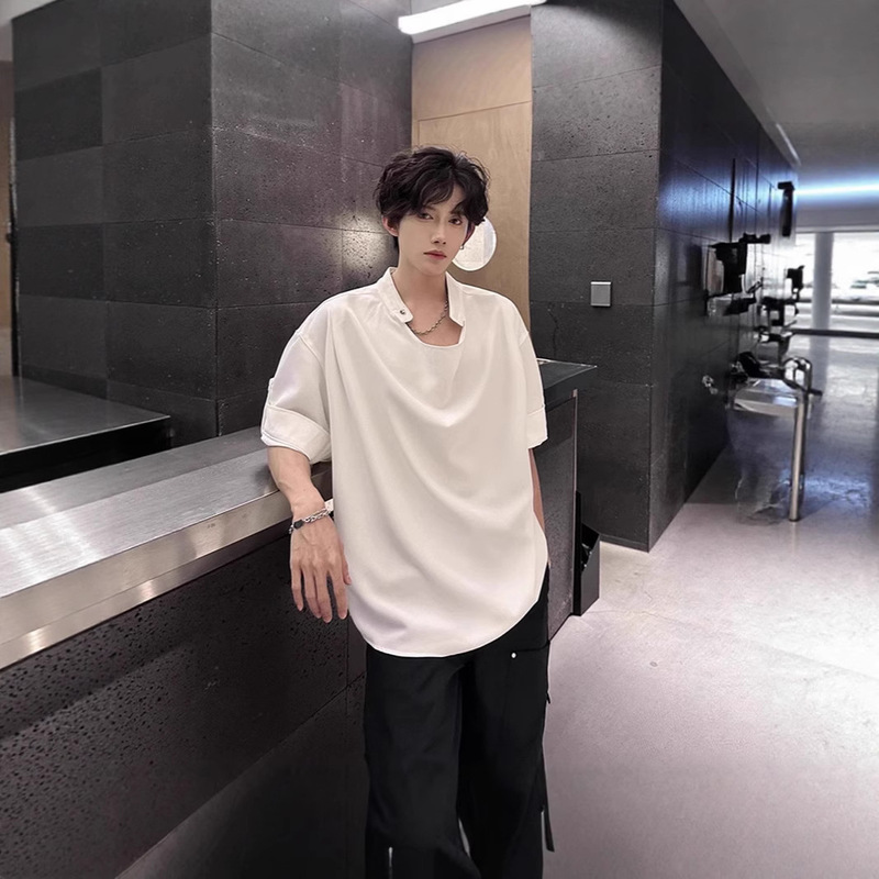 Summer High-End Stylish Stand-Collar T-Shirt for Men, Short-Sleeve Trendy Hairstylist Design with Adjustable Sleeves, Half-Sleeve T-Shirt