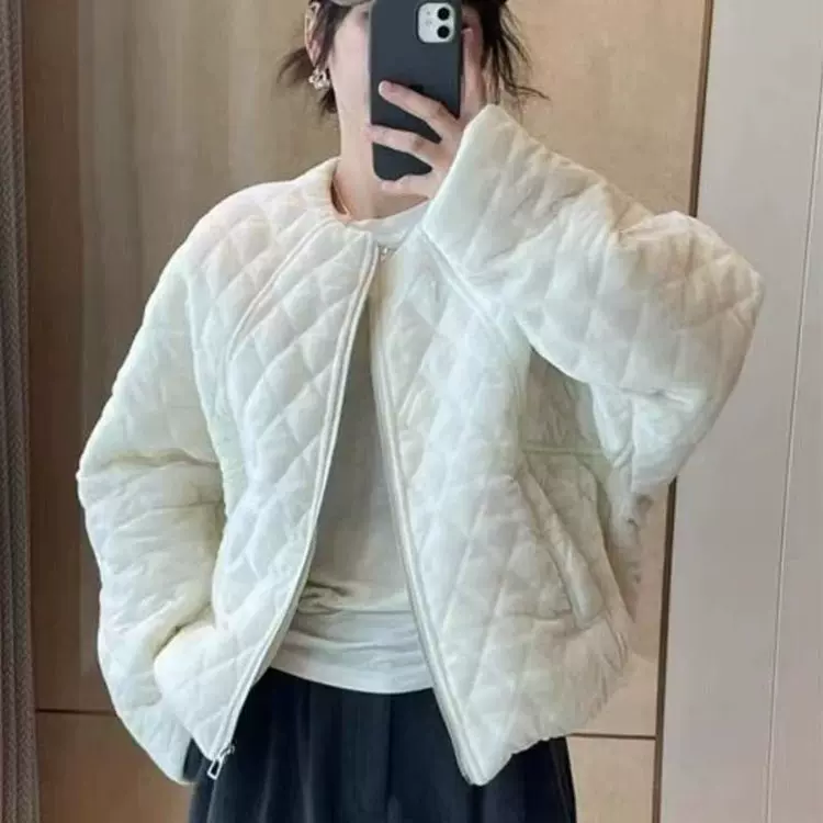 韩系圆领金丝绒棉衣外套女2024冬季新款百搭小个子短款菱形格上衣