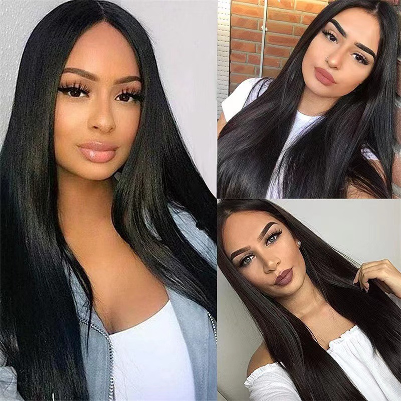 Peluca de pelo largo y liso para mujer, tocado de fibra química, extensión de pelo sintético negro con manchas_voghion.com