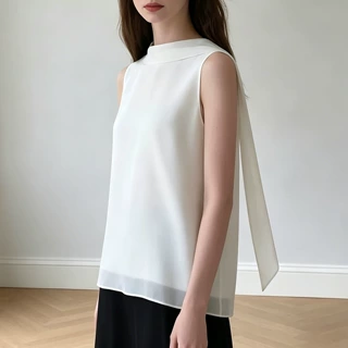 白色圆领无袖衬衫女简约宽松雪纺质感通勤百搭内搭外穿气质衬衣