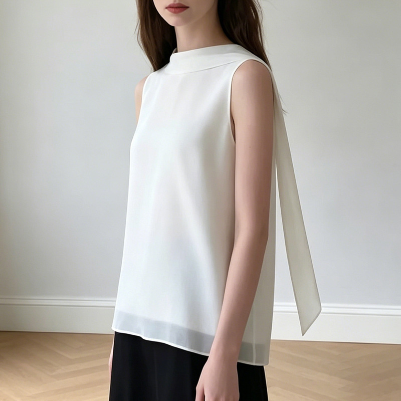 White Round-Neck Sleeveless Shirt for Women, Simple and Loose Chiffon Texture, Versatile for Work and Everyday Wear, Elegant Blouse