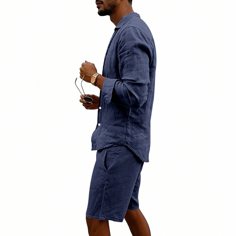 Herren Leinenhemd Und Shorts Set Sommer Freizeit Strand Outfit_voghion.com