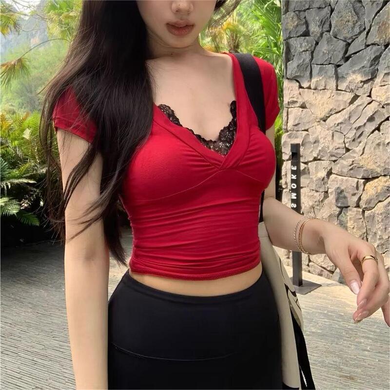 SpoT Goods! Lace Splicing v-neck ShorT-sleeved Sexy T-shirT for Women in Summer Sexy Pure Desire Slim Chic ShorT Top