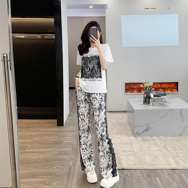 Sports Casual suit Elegant High-end Lace Stitching Printed T-shirt Women's Fashion National Style Printed Wide Leg Pants for Women