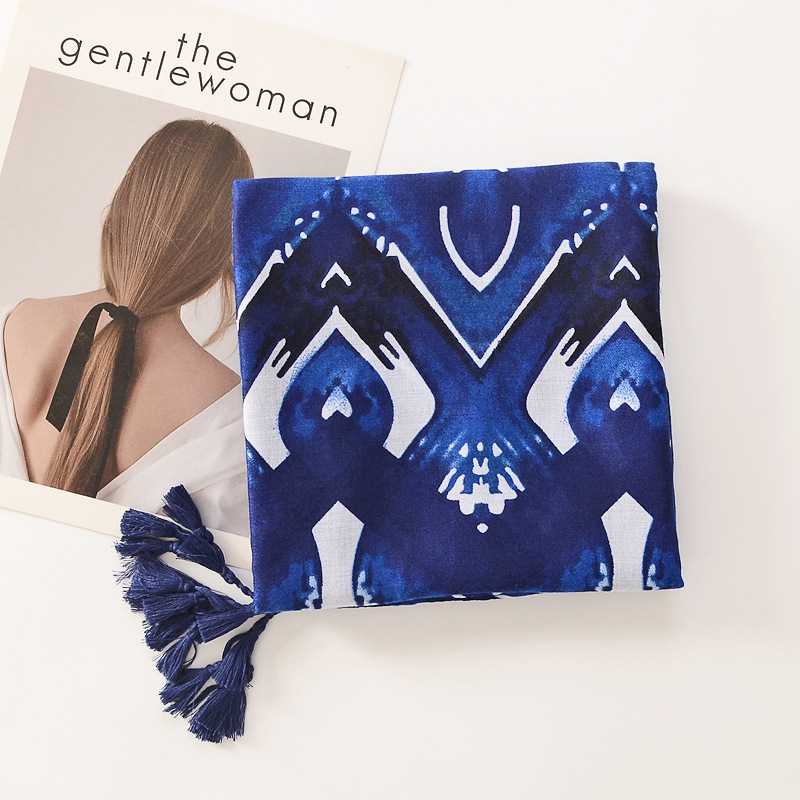 Primavera y otoño fino suave aire acondicionado chal púrpura azul geométrico algodón y lino sensación bufanda viaje decoración protector solar toalla de playa para las mujeres