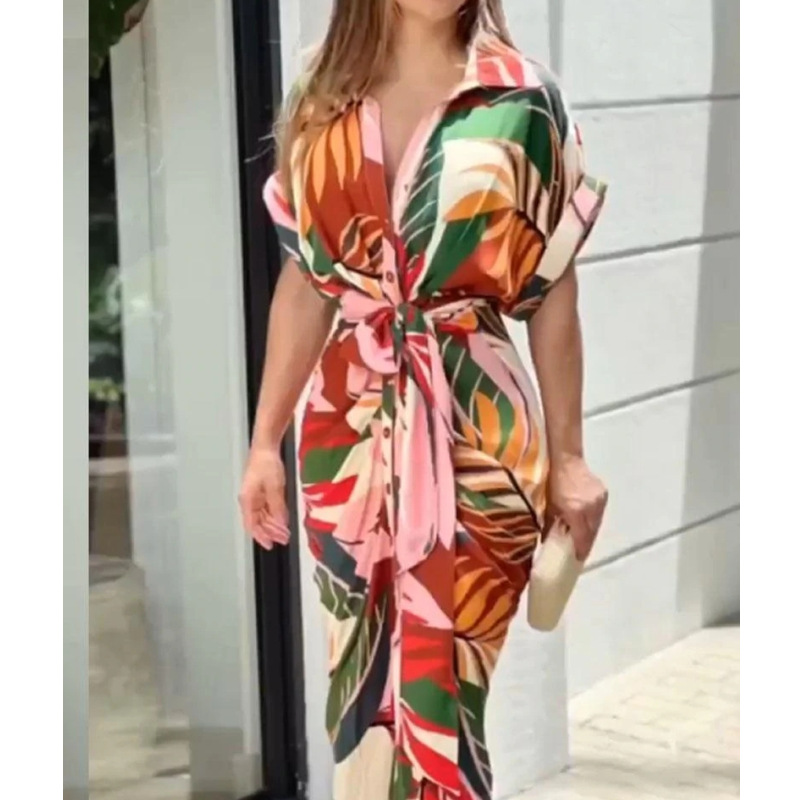 Women's Irregular Skirt Elegant Shirt Collar Printing Belt Short Sleeve Flower Maxi Long Dress Street display picture 2