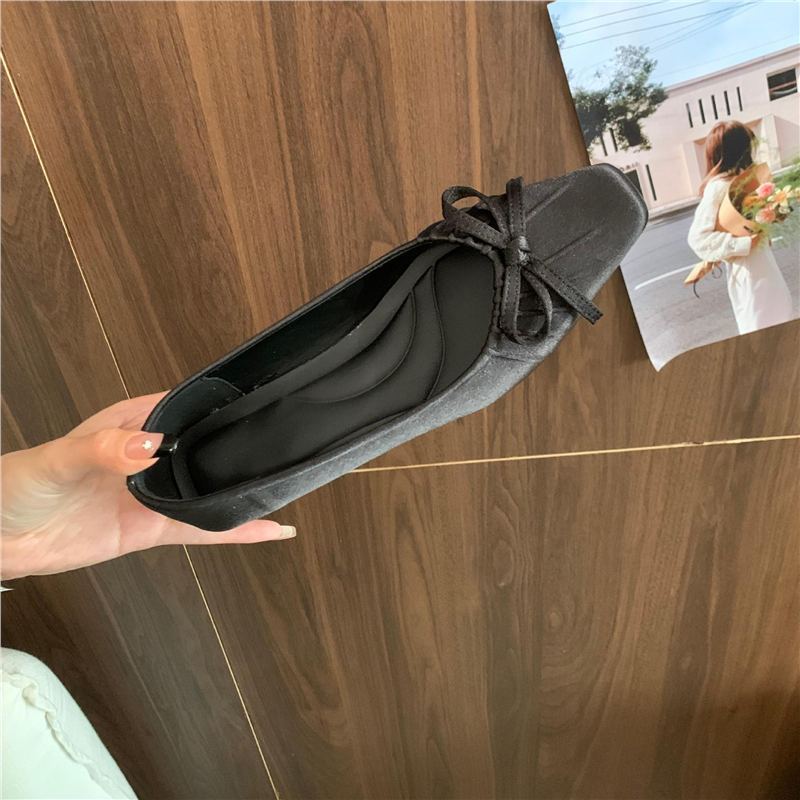 羊皮版！法式褶皱绸缎紫色玛丽珍鞋女一脚蹬蝴蝶结浅口坡跟单鞋|undefined