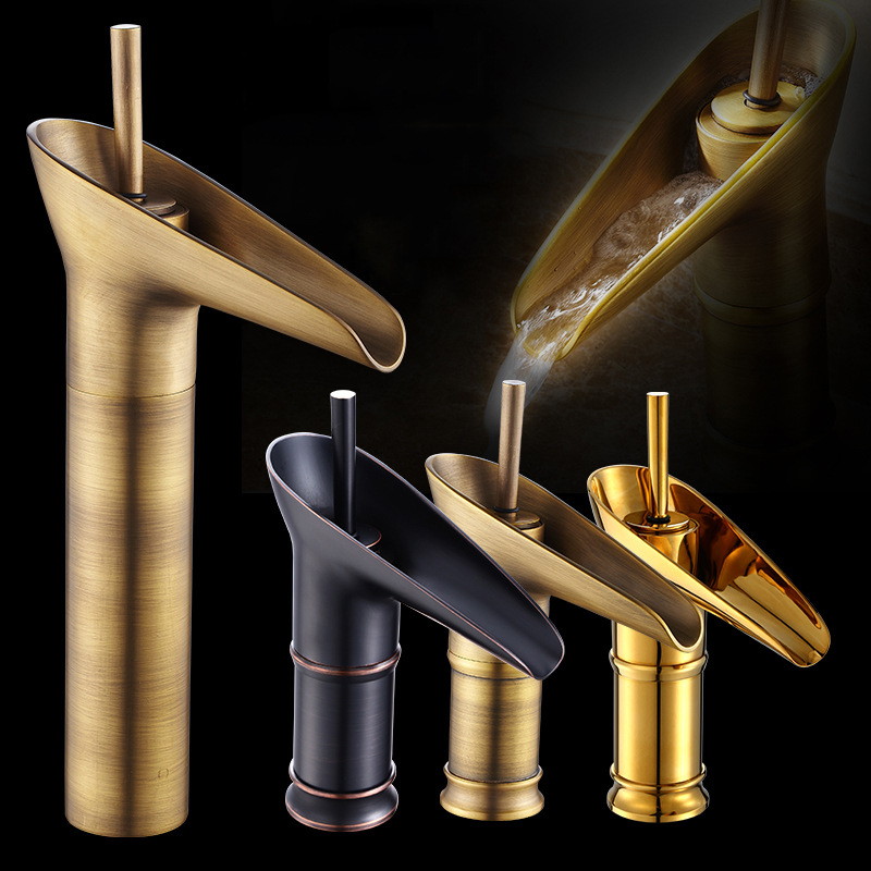 Single Cold and Hot Water Faucet, Antique Wine Glass Waterfall-Style Basin Faucet, Household Bathroom Cabinet Washbasin Faucet